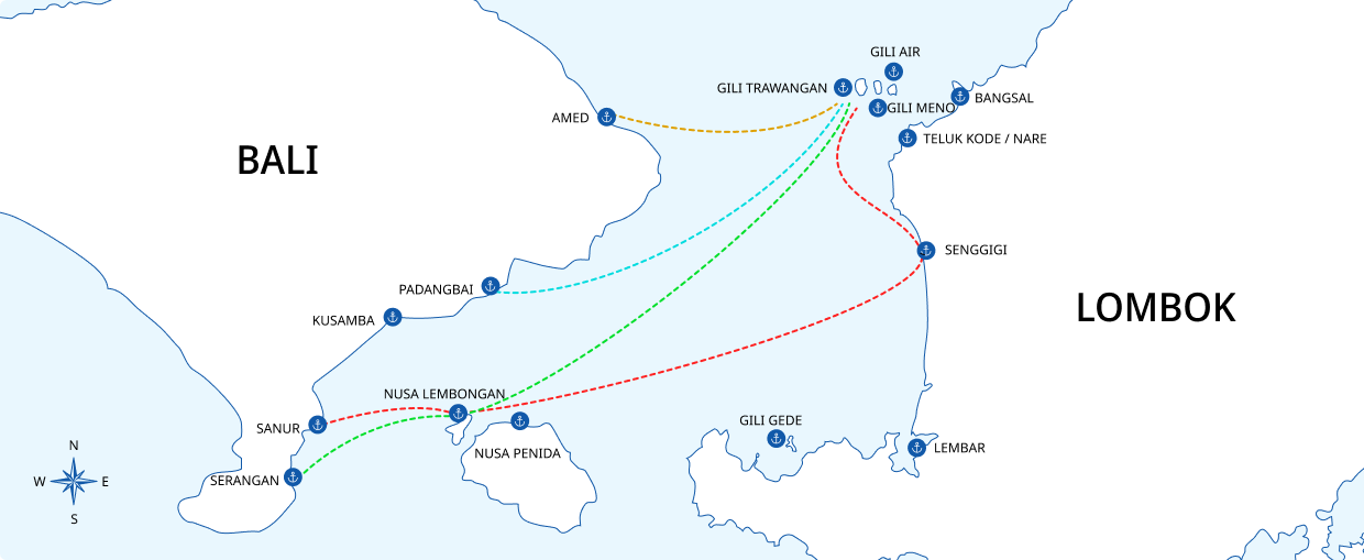 Fast boat route map from Bali to Gili and Nusa Islands